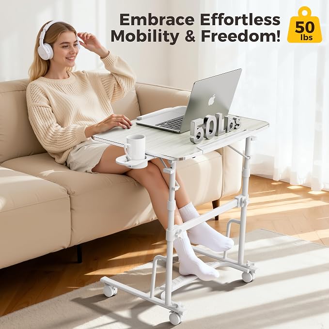Foldable Standing & Rolling Desk, Upgraded Portable Desk on Wheels | Adjustable Height & Angle, Sturdy Mobile Table Workstation for Laptop with Footrest, Cup Holder, Edge Stopper & iPad Holder - Image 7