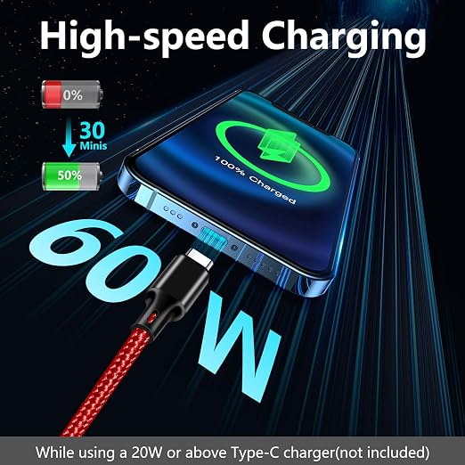 USB C to USB C Cable, 3 Pack 6ft Type C Fast Charger Cord (Red) | Nylon Braided High-Speed Data Transfer Wire for iPhone 17/16/15 Plus/Pro Max iPad Air Ps5 Controller Samsung Galaxy - Image 2
