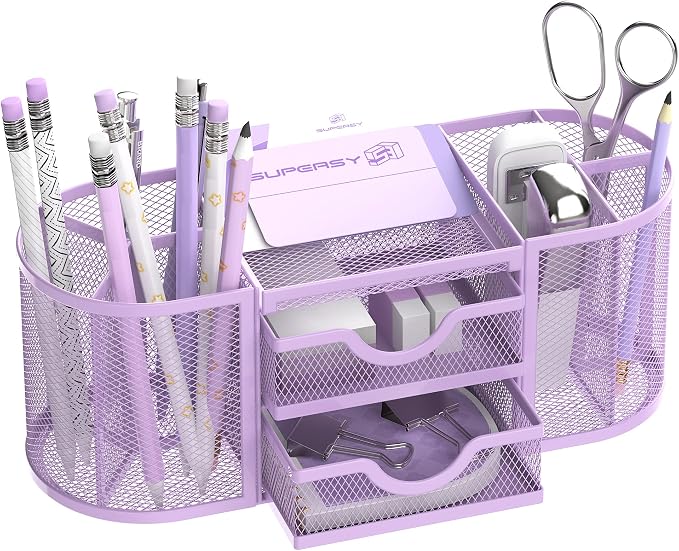 Mesh Desk Organizer, Pen Holder for Desk with 2 Drawers, Purple | Desk Organizers and Accessories with 8 Compartments and 2 Drawers, Pencil Holder for Desk for Small Office Supplies by SUPEASY