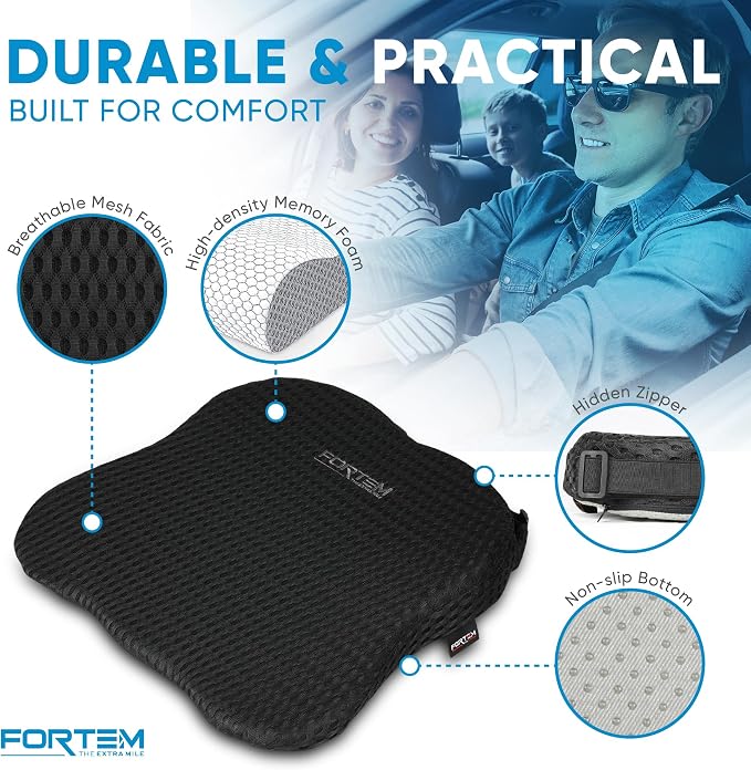 FORTEM Car Seat Cushion & Lumbar Support Pillow for Car, Memory Foam Set | Ergonomic | Better Visibility | Promotes Tailbone & Sciatica Pain Relief | Adjustable Straps | Non Slip | Washable Cover - Image 4