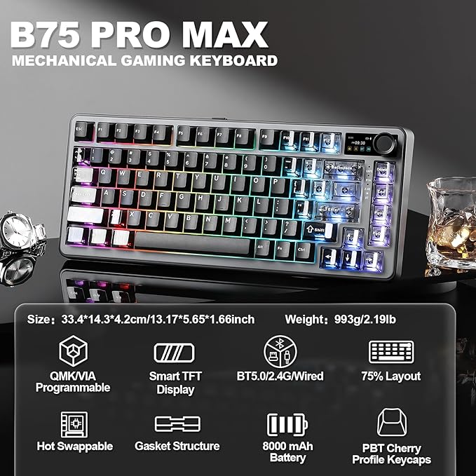 YUNZII B75 PRO MAX QMK/VIA Wireless Mechanical Keyboard | QMK/VIA, Wireless Keyboard with Screen and Knob, Custom Hot Swap, Gasket Mount, Creamy Switches, RGB for Gaming/Win/Mac - Image 2