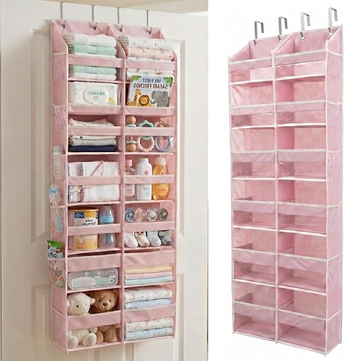 HOMELUX THEORY Over the Door Organizer, 6-Tier XL, 100D Fabric, Baby Pink | Extra wide over the door organizer, 65 lb capacity, 12 side mesh pockets, heavy-duty 100D fabric, bedroom & nursery storage by HomeluxTheory