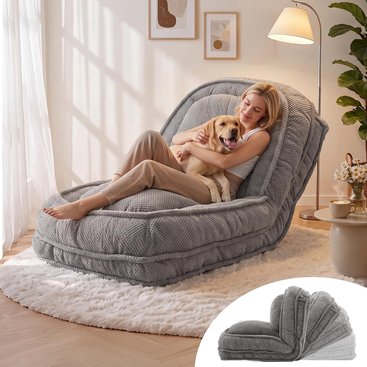 Human Dog Bed for Adults & Pets, 5-Position Floor Chair, Gray by XUWANSHANG