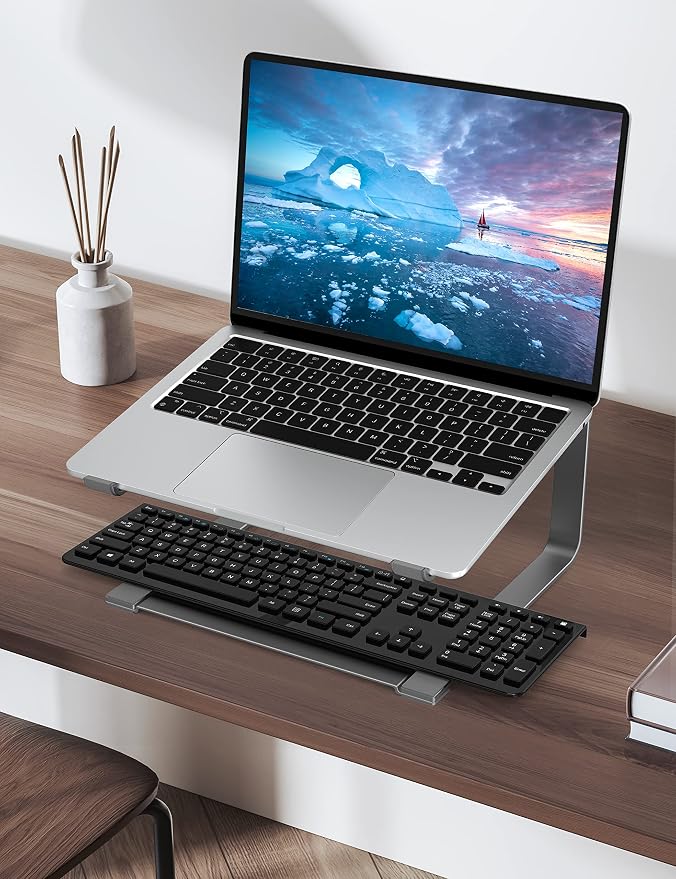 SOUNDANCE Laptop Stand for Desk, Ergonomic Metal Computer Riser for 12-17.3 Inch Laptops, Heavy Duty Stable Desktop Holder, Improves Eye Level & Workspace Organization, Grey - Image 6