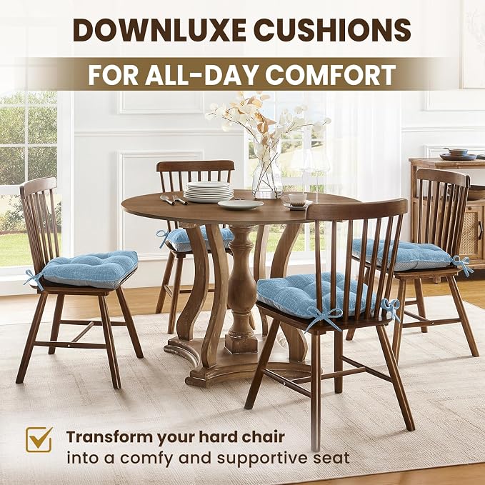 downluxe Indoor Chair Cushions for Dining Chairs, Tufted Overstuffed Textured Kitchen Chair Pads with Ties and Non-Slip Backing, 15.5" x 15.5" x 4", Light Blue, 4 Pack - Image 6