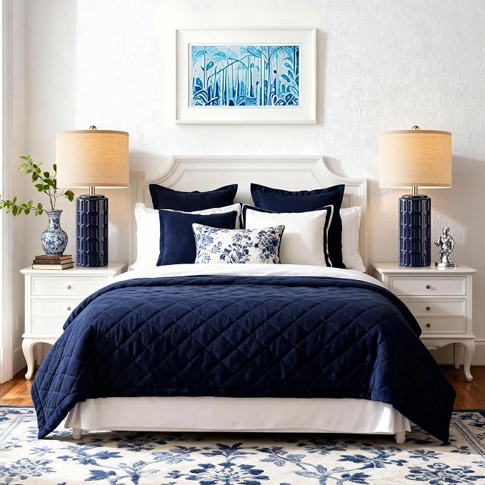23" Farmhouse Modern Ceramic Table Lamp Set of 2 - Navy Blue Bedside Lamps for Bedroom & Living Room, Nightstand, Desk, End Table - Image 7