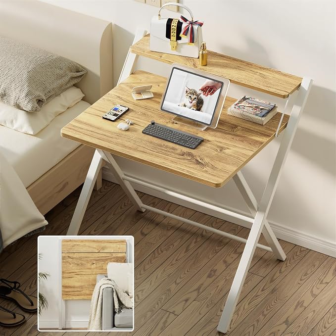 GreenForest Folding Desk No Assembly, Sturdy Computer Desk for Small Spaces | Portable Foldable Table for Laptop, 2-Tier Compact with Shelf, Space Saving for Home Office, Dorm, Apartment, 27.3"x 22" Oak - Image 8
