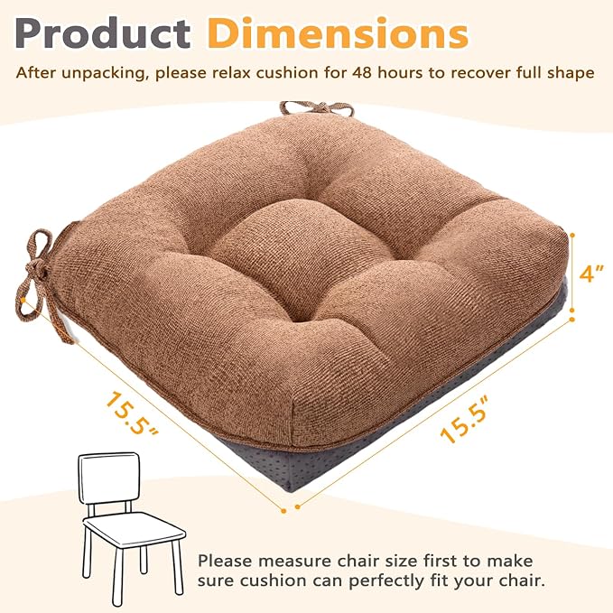 MAGIC ELEPHANT Chair Cushions for Dining Chair, Shredded Memory Foam Kitchen Chair Cushions Set of 4, Non-Slip Thick Dinning Room Chair Pads Seat Cushions, 15.5" x 15.5" x 4" (Brown) - Image 3