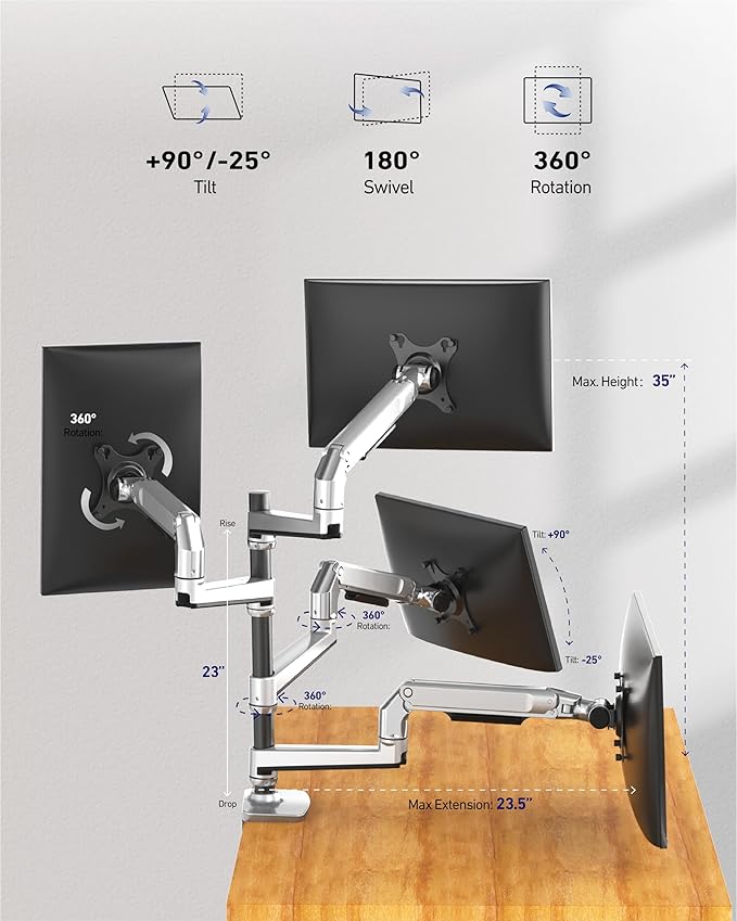 Heavy Duty Quad Monitor Mount Desk Stand, Mechanical Spring 4 Monitor Arm Fits Four 13-40 Inch Screens up to 25 lbs Each, Fully Motion VESA Mount Base (C-Clamp/Grommet), Premium Aluminum, Silver - Image 2