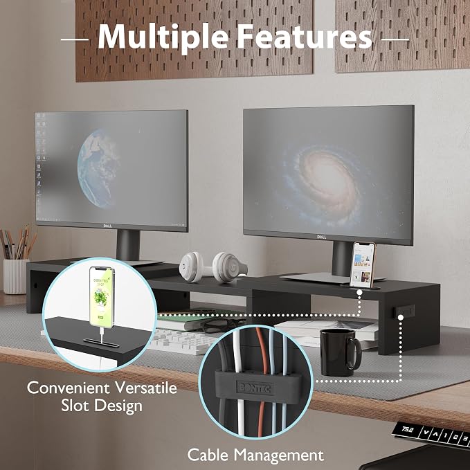 BONTEC Dual Monitor Stand Riser, Adjustable Length & Swivel Angle, Black | Ergonomic Wooden Desktop Organizer with Smartphone Holder, Computer Monitor Stand for PC, Laptop, Printer and Large Storage - Image 6