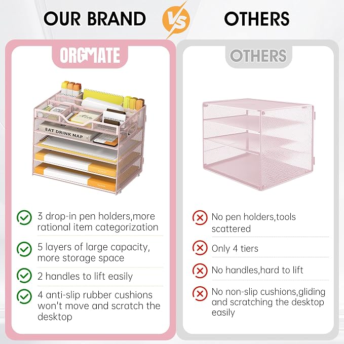 5 Tier Paper Letter Tray Desk Organizer with Pen Holders - Pink | Features 3 pen holders and 4 removable dividers.Versatile mesh desktop storage for mail, document,office supplie - Image 3