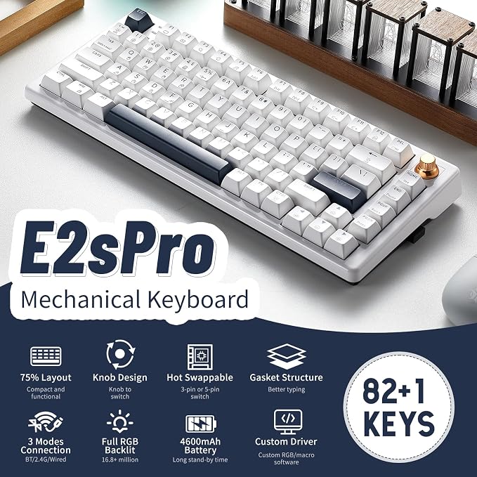 Wireless Mechanical Keyboard with Wrist Rest, Hot Swappable Custom Keyboard with Knob, RGB Backlit, Pre-lubed Clicky Switches, 2.4GHz/USB-C/BT5.0 Mechanical Gaming Keyboards for Win/Mac (White) - Image 2