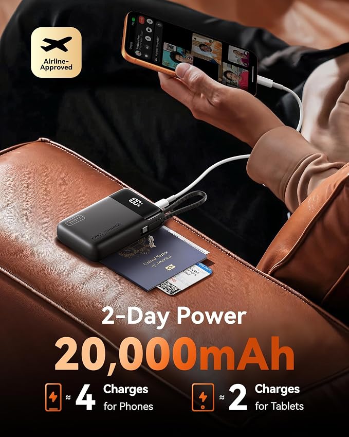 INIU 20000mAh Power Bank, Small 45W PD Fast Charging Portable Charger with Built-in USB C Cable, Flight-Safe Travel External Phone Battery Pack for iPhone 17 Pro Max Samsung S26 iPad etc, Jet Black | Flight-Safe, Built in USB-C Cable, Travel Essential,... - Image 5