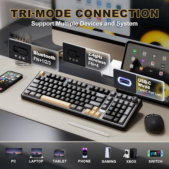 YUNZII B98 PRO 96% Wireless Mechanical Keyboard (Black, Milk Switch) | QMK/VIA, with Numpad, Dual-Style Knob Design, Creamy Pre-Lubed Switches, Hot Swap, Gasket Mount, RGB for Gaming/Win/Mac - Image 3