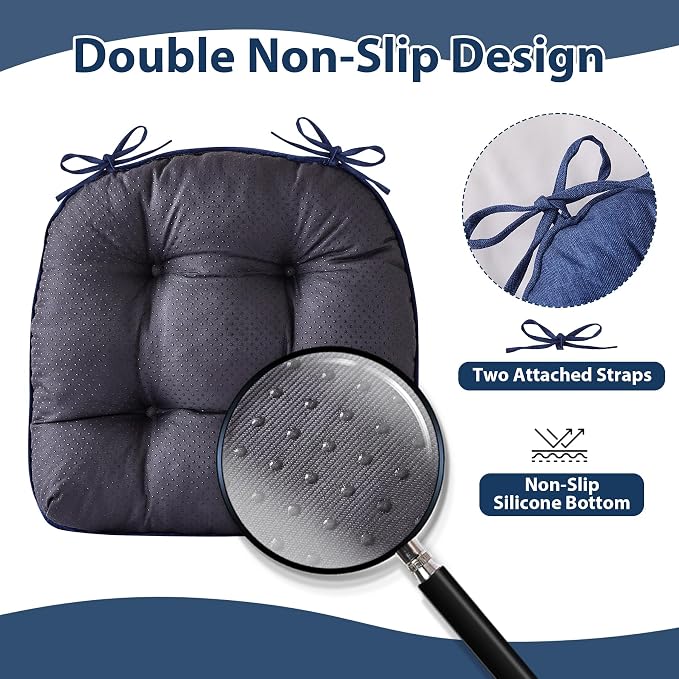 IASEAHK Chair Cushions for Dining Chairs, Seat Cushions for Kitchen Chairs, Indoor Seat Cushions with Ties, Tufted Foam Chair Pads, Non Slip Chair Cushions Set of 4, 15.5" x 15.5" x 4", Navy Blue - Image 4