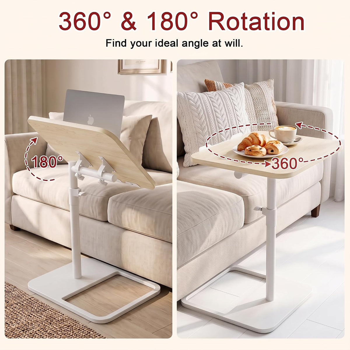 GOYLSER Large Adjustable Height Sofa C Table, 360° Swivel/180° Flip-Over Panel Side Table with Tablet Slots for Small Spaces, Morden TV Tray Couch Tables for Dinner Eating (Maple) - Image 4