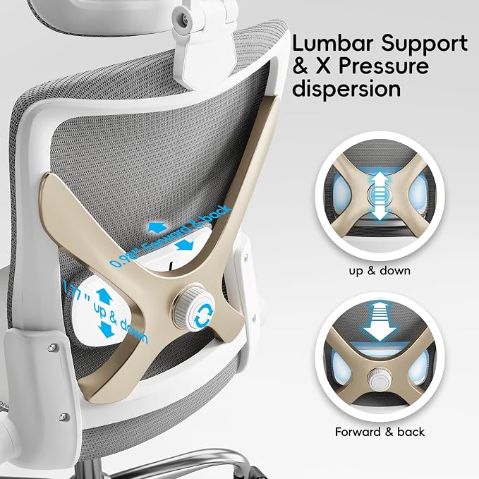 Ergonomic Office Chair:Home Office Desk Chairs with Headrest Lumbar Support | Ergalithic Ergonomic Desk Chair X-Shaped Mesh PU Leather Executive Computer Chair High Back Flip-Up Arms for Long Hour(W-G) - Image 6