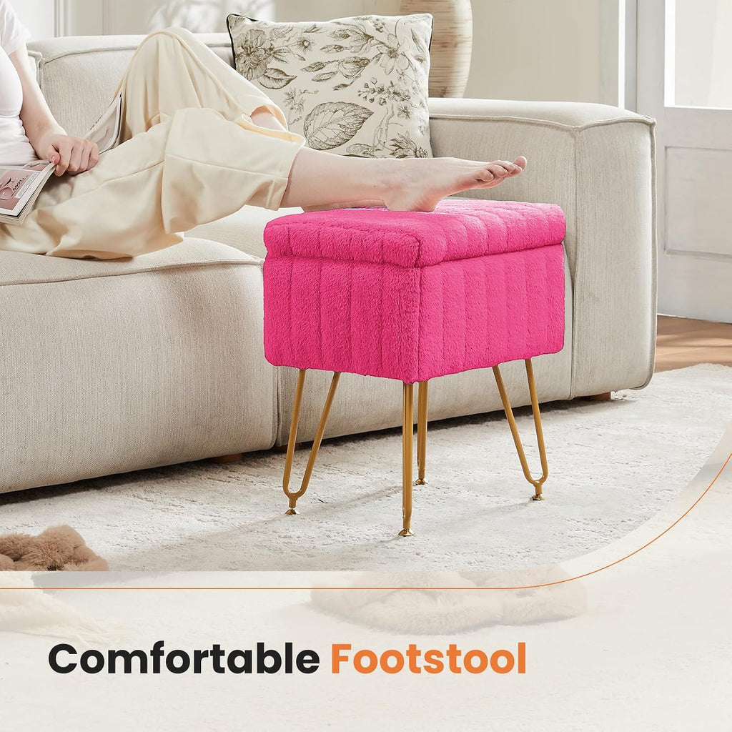 DUMOS Vanity Stool Chair, Ottoman with Storage, Makeup Cute Soft Small Footstool, Modern Style Faux Fur Seat with 4 Metal Legs & Adjustable Feet for Dressing, Living Room, Bedroom, Dorm, Red - Image 6