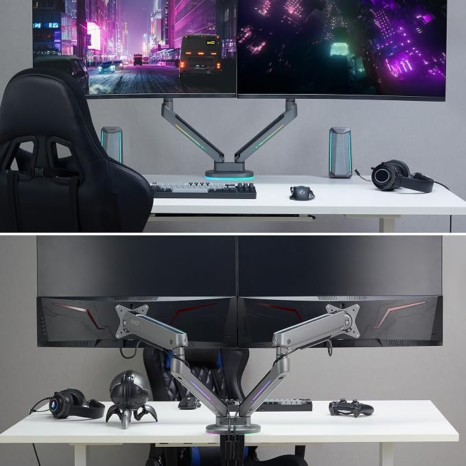 AVLT Dual 27”-43” RGB Gaming Monitor Arm Desk Mount -Dark Gray | 20 Lighting Modes Touch Button Control Fits Flat/Curved/Ultrawide Screen Height Swivel Tilt Rotation Adjustable Monitor - Image 5