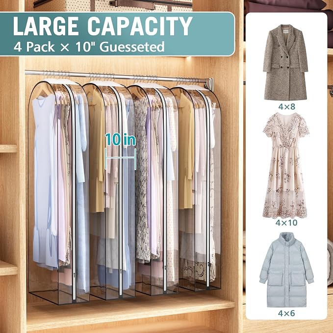 Liuoud Clear Garment Bags for Hanging Clothes 10” Gusseted, 4 Pack, 60” | Suit Bags for Closet Storage with Large Metal Zipper, Breathable odorless Hanging Plastic Clothes Cover for Coat Dress Fur - Image 2