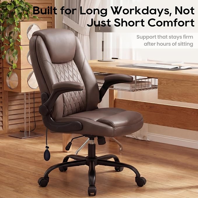 MALOL Leather Office Chair with Adjustable Lumbar Support Set of 2, Brown | Computer Desk Chair with Thick Cushion, Flip-Up Arms and Ergonomic Back, Comfy Executive Office Chair for Home Office Gaming - Image 11