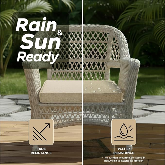 Outdoor Chair Cushions, Water-Resistant & Fade-Resistant, Patio Furniture Seat Replacement Chair Pads with Ties Zipper, Removable Cover, Non-Slip Bottom, Set of 2, 18.5 x 16 Inch, Natural - Image 3