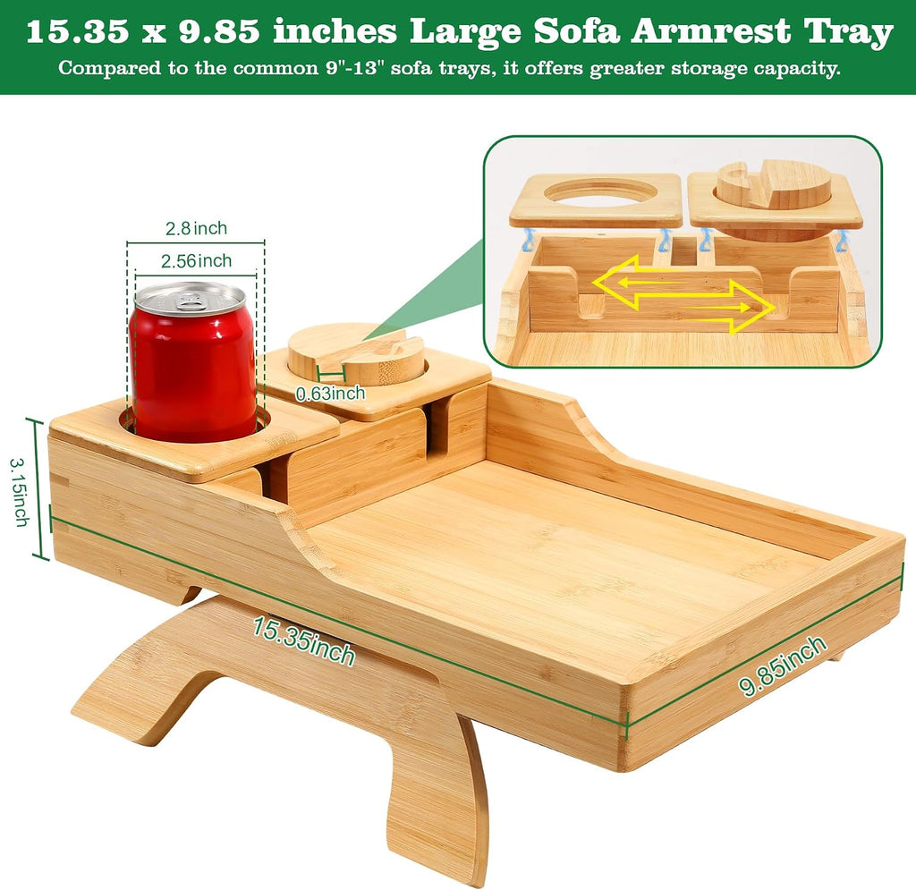 Bamboo Couch Cup Holder, 4 in 1 Couch Arm Trays with 360°Rotated Phone Holder, Non-Slip Clip on Side Table for Drinks/Remote/Snacks, Ideal Gift for Husband, Wife, Parents - Image 7