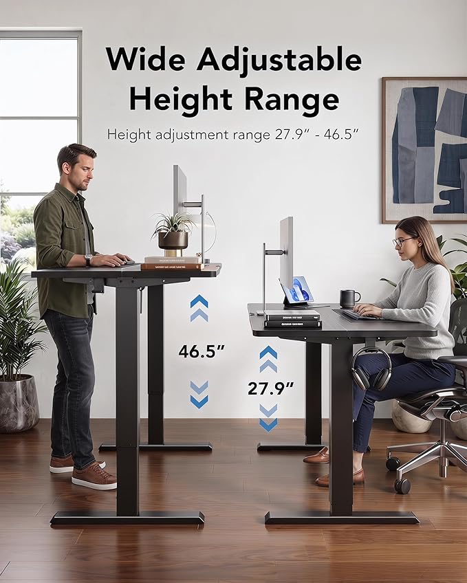 HUANUO 55x27 Inch Electric Standing Desk, Height Adjustable, Black | 176 Lbs Capacity, Smooth Home Office Desk, 4 Memory Presets & Headphone Hooks, 28.3–46.5 Inch Height Range, Easy to assemble - Image 4