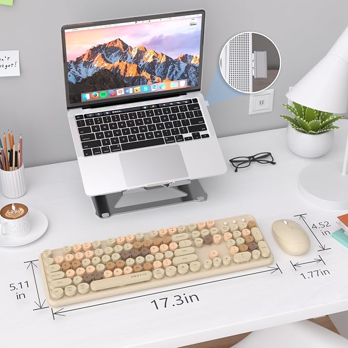 UBOTIE Colorful Wireless Keyboard and Mouse Combo (Milk Tea-Colorful) | Retro Typewriter Floating Full-Sized Keys Computer Keyboard with Optical Mouse, 2.4GHz USB Connection for Windows Mac - Image 6