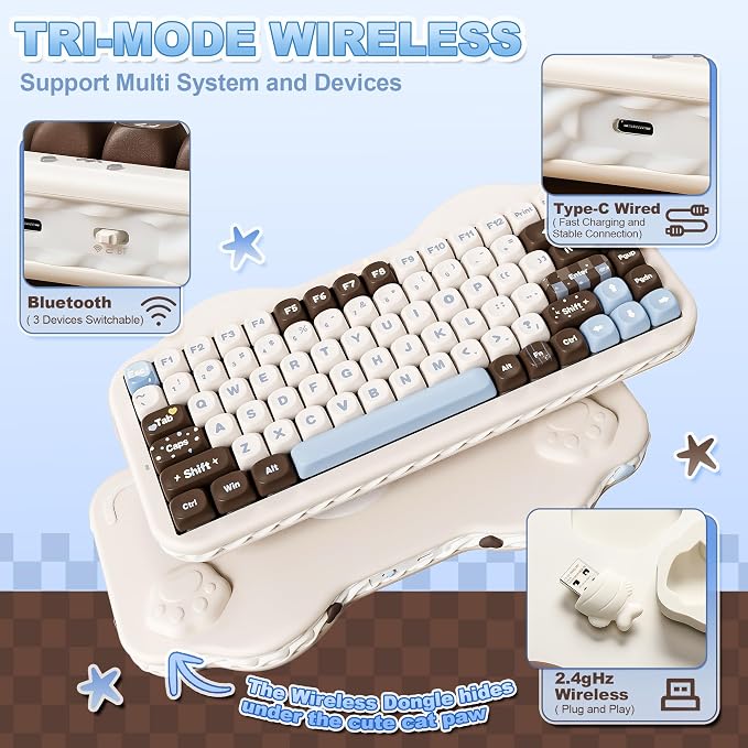 YUNZII C75 Cute 75% Wireless Mechanical Keyboard (Choco, Candy Switch) | Creamy Cake Keyboard, BT5.0/2.4G/USB-C, Hot-Swap, NKRO, PBT MOA Keycaps,5500mAh RGB Gasket Mount for Mac/Win/Gaming/Office - Image 3