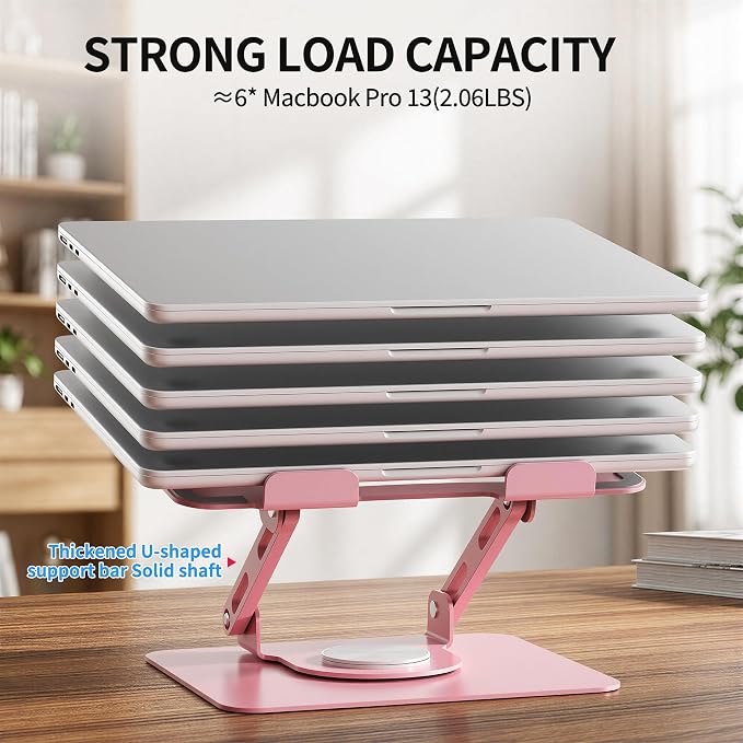 SOUNDANCE 360 Rotating Laptop Stand, Ergonomic Computer Riser for Desk, Adjustable Height Multi-Angle Metal Holder, Foldable Portable Notebook Elevating Base for Office & Home, Pink - Image 4