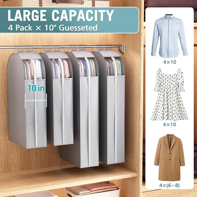Liuoud 10" Gusseted Garment Bags for Hanging Clothes with Clear Window, 50” | Suit Bags for Closet Storage with Large Metal Zipper, Breathable odorless Hanging Plastic Clothes Cover for Coat Dress Fur - Image 3