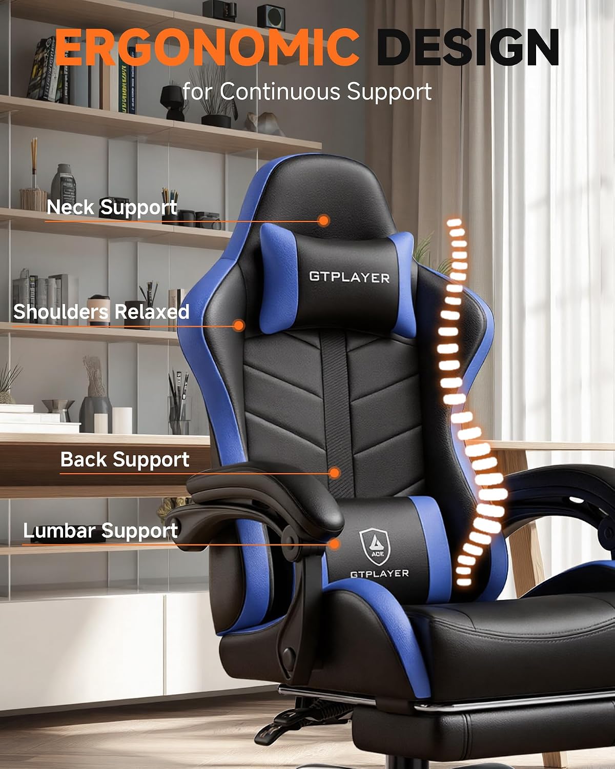 GTPLAYER Gaming Chair for Adults, Computer Chair with Footrest,Black & Blue - Image 4