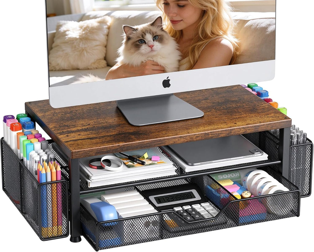 Desk Organizer, Monitor Stand Riser with Drawer and 2 Pen Holders by OPNICE
