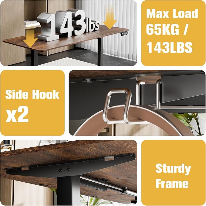 63"x28" Standing Desk, Height Adjustable Sit-Stand Home Office, Brown | Electric Adjustable Standing Desk, Sit to Stand Computer Office Desk with Splice Board, Memory Preset, Lifts 28.7''-46.5" - Image 8