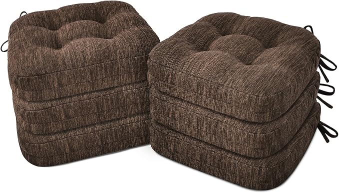 Shinnwa Dining Chair Cushions Set of 6, Dual-Layer Memory Foam Kitchen Chair Cushions, Patented Design Seat Pads with Ties, 16.5 x 16.5 x 3.5in, 6 Pack, Dark Brown by Shinnwa