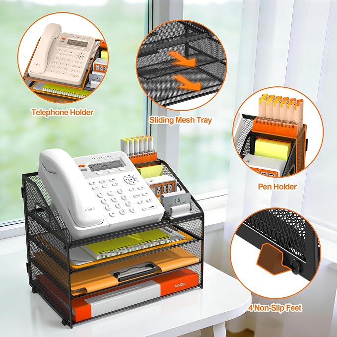 DocNest 4 Tier Metal Mesh Desk File Organizer with Phone Shelf, Black | Desktop letter tray sorter features a 9.1x9.1 inch top phone holder, built-in sticky note compartment and pen holder - Image 4