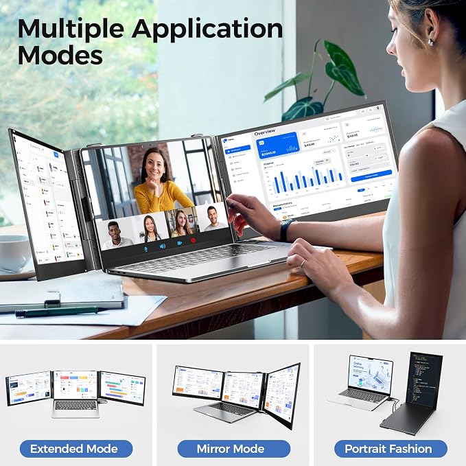 Laptop Screen Extender, 14" Ultra Thin Lightweight(2.2lb) FHD 1080P Triple Portable Monitor for Laptops 13-17.3", Plug-Play Aluminum Dual Monitor Extended for Mac/Windows, Business/Travel/Home/Office - Image 8