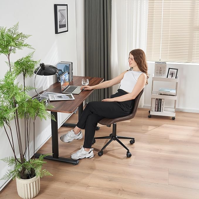 YOUNIKE Office Desk Chair with Wheels Armless Vanity Chair Modern Brown | Faux Leather Upholstered with Rocking Back, Swivel Height Adjustable Small Cute Computer Rolling Task Chair Ergonomic 300lb - Image 6
