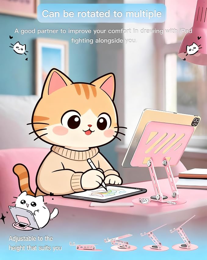 Upgraded 360°Rotating Tablet Stand with Foldable Base - Cute Cat Pattern,Universal for 7-13" Devices (iPad,iPhone,Tablet,Phone) - Ideal for Desk Work,Office,Travel,Home & Painting - Image 2