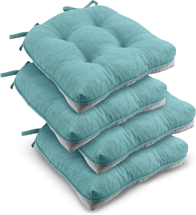 downluxe Indoor Chair Cushions for Dining Chairs, Tufted Overstuffed Textured Kitchen Chair Pads with Ties and Non-Slip Backing, 15.5" x 15.5" x 4", Aqua Blue, 4 Pack by Downluxe