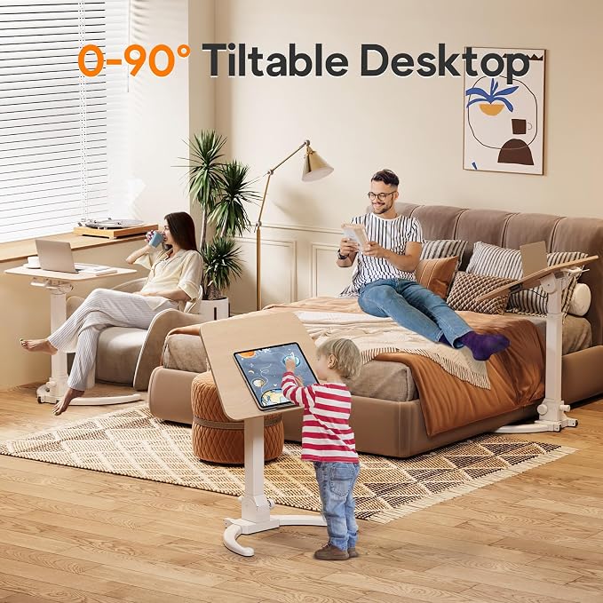 JOY worker Foldable Mobile Standing Desk, 90° Tilt Rolling Laptop Desk, Oak | Tiltable MDF Laptop Desk, Portable Cart with Hidden Wheels & Low Base, Collapsible for Storage, Holds 22lbs, Home Office - Image 9