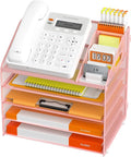 DocNest 5 Tier Metal Mesh Desk File Organizer with Phone Shelf, Pink | Desktop letter tray sorter features a 9.1x9.1 inch top phone holder, built-in sticky note compartment and pen holder by DocNest