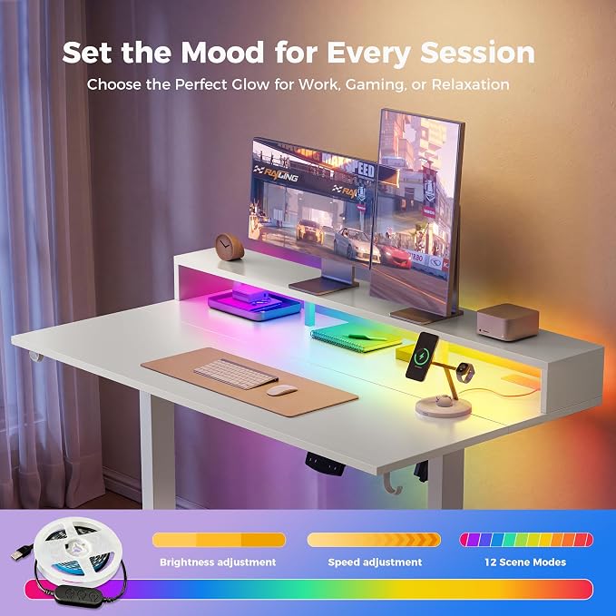 Klicelor Electric Standing Desk with Shelf, 48 Inch Height Adjustable Desk with Power Outlets & LED, Sit Stand Up Table with Monitor Stand, Computer Workstation for Home Office, White - Image 9