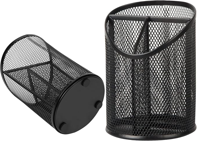 Delifox 2 Pack Pen Holder Mesh Round Pencil Holder 3 Compartments, Black | Pen Organizer for Office Home - Image 3