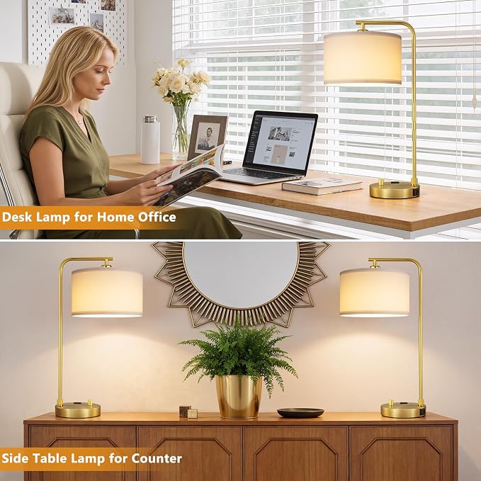 Gold Bedside Lamps Set of 2, Fully Dimmable Lamps for Night Stands, USB A+C | Modern, Linen Lampshade, USB Port and Outlet, Tall Desk Lamps for Bedroom, Nightstand, Living Room, Home Office, End Table - Image 6