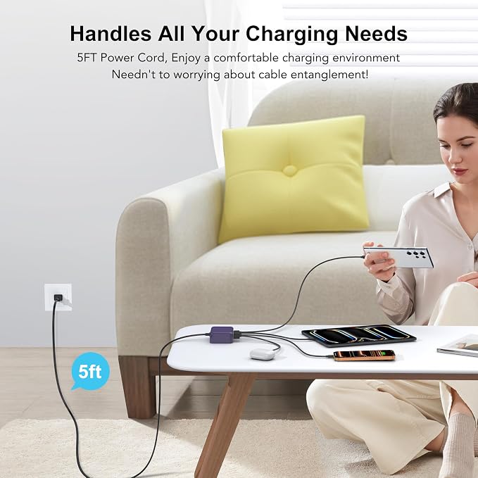USB C Charger Block, GaN Fast USB Charging Station Hub with 100W Max 6-Port | 3 USB-C & 3 USB-A Compact Desktop Charger for Home Office, PD20W USB Power Strip for iPad iPhone 17 16 15 14 Pro Max Galaxy - Image 8