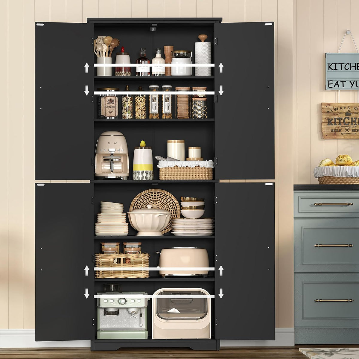 Tall Pantry Cabinet with 4 Doors & 2 Adjustable Shelves, Kitchen Cabinet - Image 3