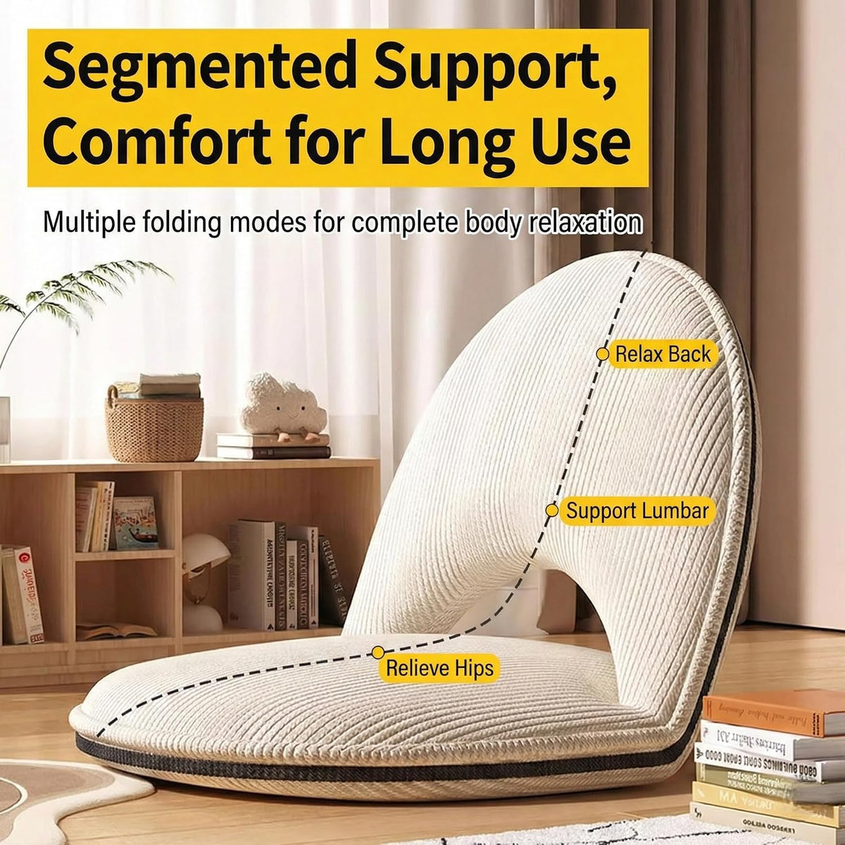 Foldable White Adjustable Floor Chairs with Back Support, Tatami Style Folding Floor Chair for Bedroom, Bay Window, Balcony, Living Room or Bedside – Single Seat Floor Lounger with Backrest Cushion - Image 4