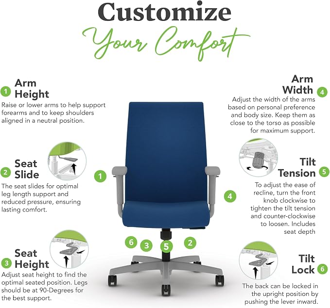 HON Ignition 2.0 Ergonomic Office Chair, Lumbar Support, Desk Chair, Indigo | Upholstered ergonomic office desk chair with lumbar support, adjustable arms, office decor, standard tilt for comfort - Image 4